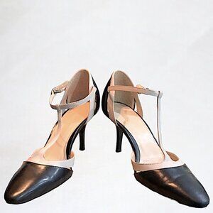 Ann Taylor Loft T-Strap Pointed Toe black and beige Heels Size 7